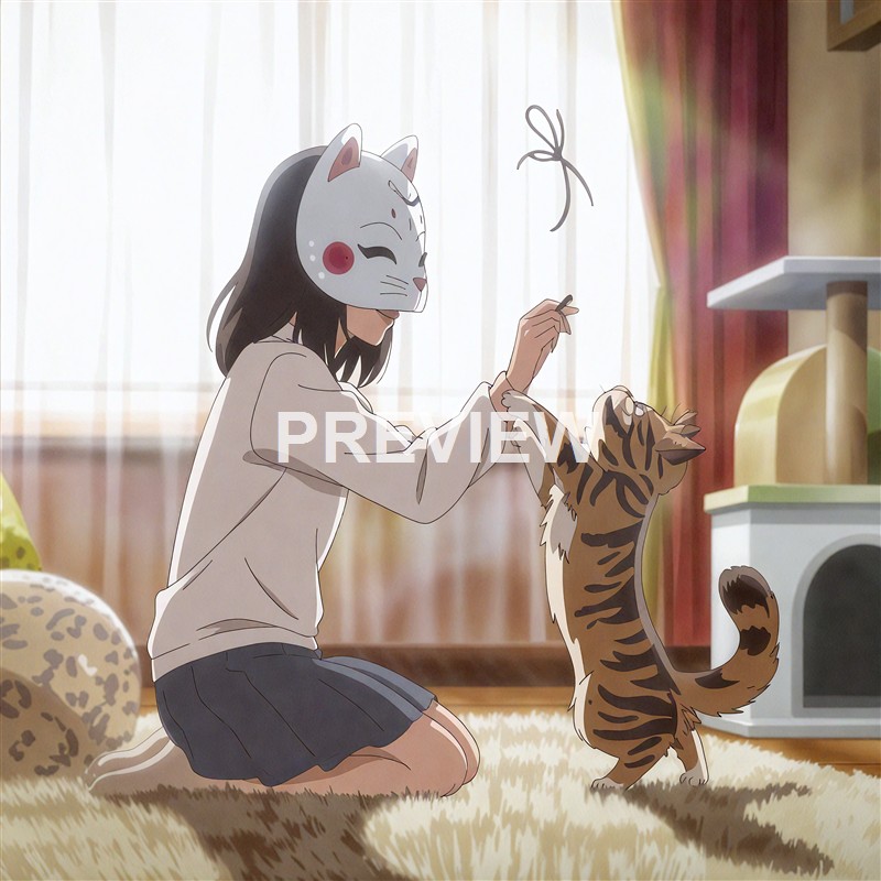 A girl wearing a cat mask is kneeling on a plush rug, playing with a small tiger cub indoors near a window with sunlight streaming in.